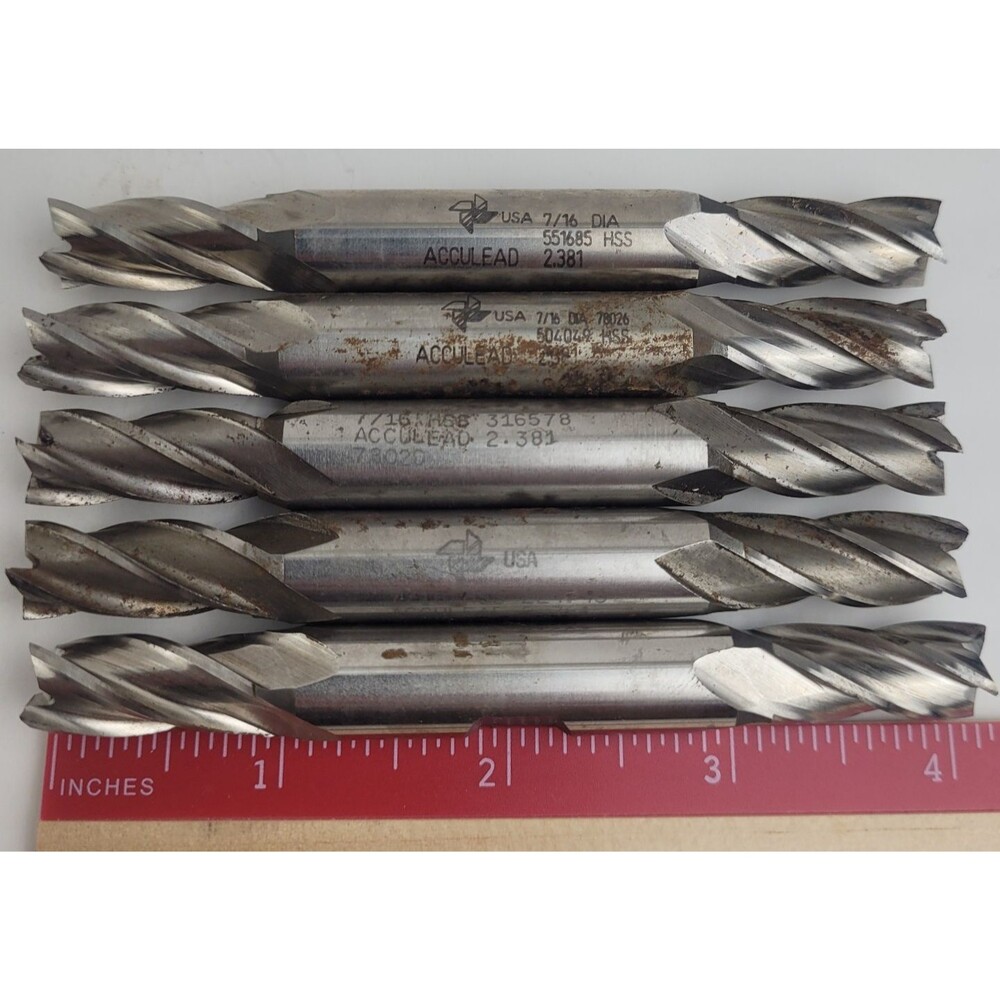 Acculead 7/16 End Mills 5 Pc Lot 2 Flute Double End HSS 2.381